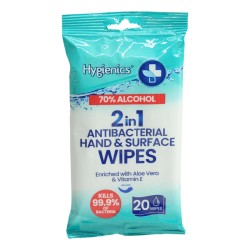 Hygienics Antibacterial Hand & Surface Wipes 20 Pack